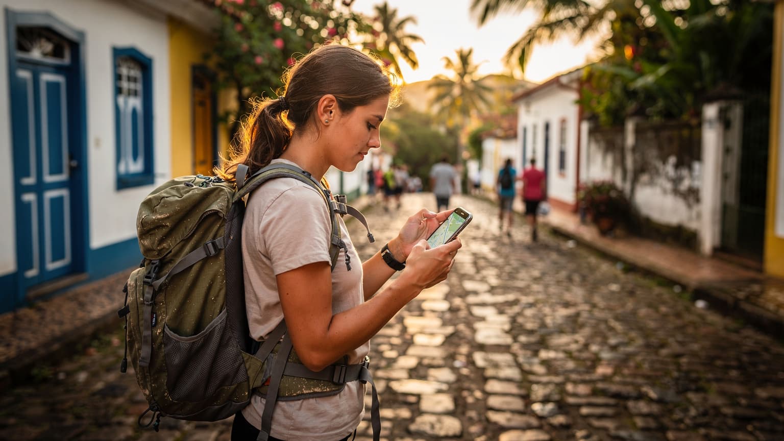 Uma mulher jovem com mochila, olhando para o celular com um mapa digital aberto, em uma rua movimentada de Paraty, com casas coloniais coloridas ao fundo.