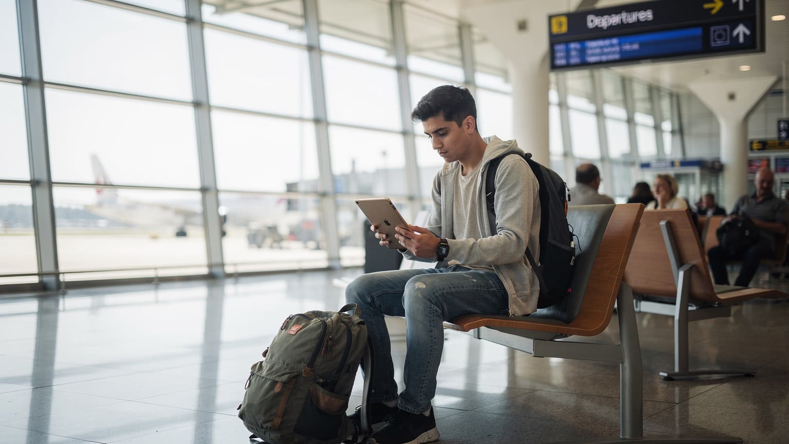 O persoană tânără, cu un rucsac de călătorie, stă pe o bancă în Aeroportul Henri Coandă din București, verificând ceva pe iPad-ul său, cu o cafea lângă.