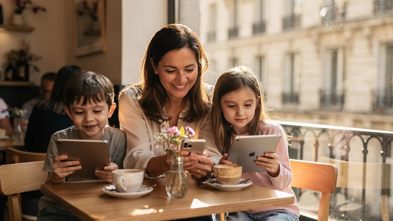 Une mère souriante et ses deux enfants, un garçon et une fille, sont assis dans un café lumineux de Paris, près de la fenêtre, chacun absorbé par son propre appareil, un iPhone pour la mère et des iPads pour les enfants, tous connectés grâce à une eSIM. La lumière du soleil de fin d'après-midi inonde la scène, créant une atmosphère chaleureuse et connectée.