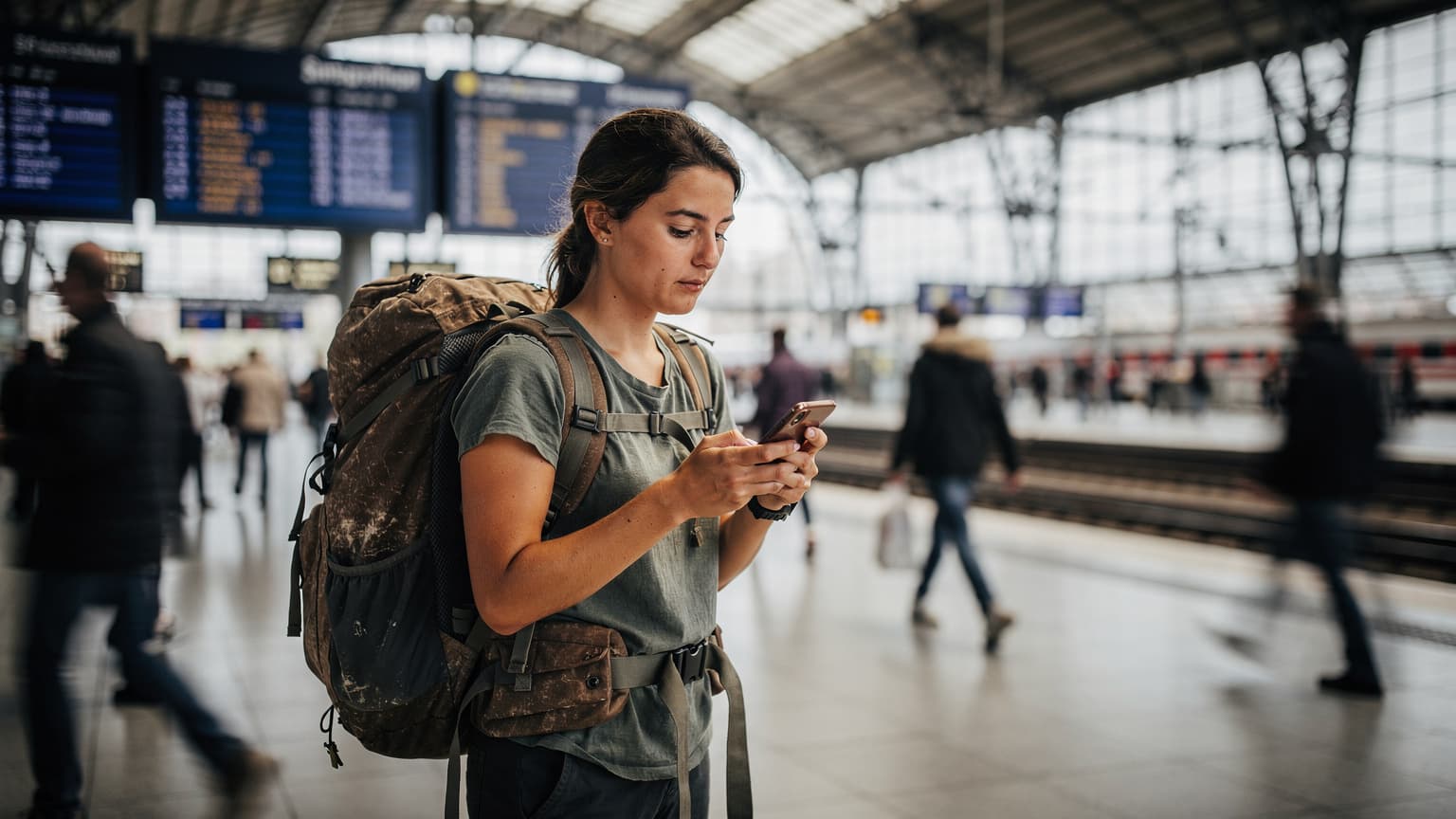 A young female backpacker in a bustling European train station, checking her phone with a focused expression, her backpack resting at her feet.