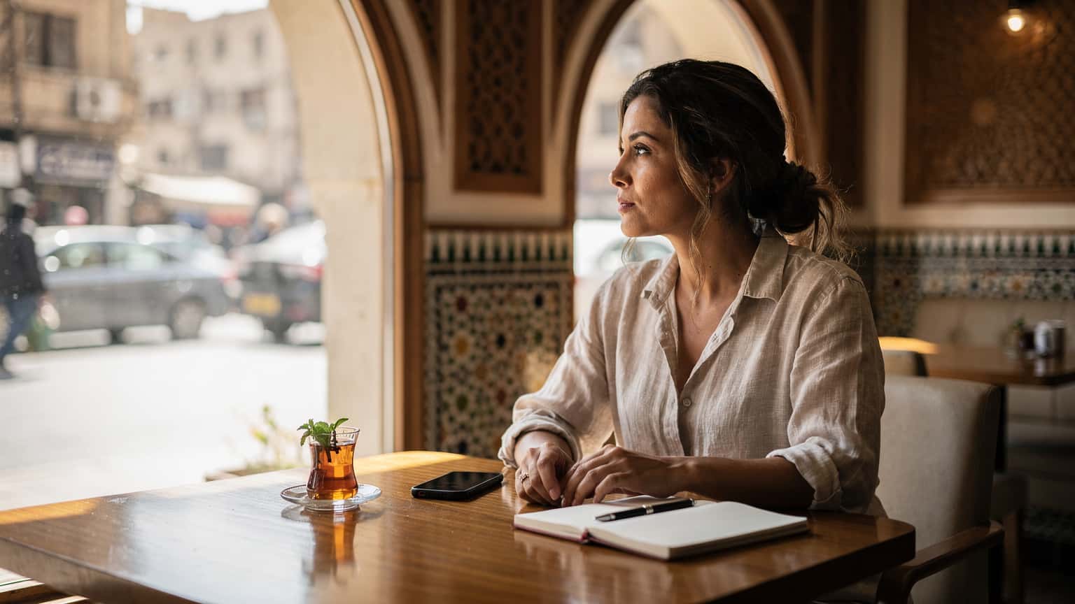 Eine Frau in einem hellen Leinenhemd sitzt in einem modernen Café in Kairo, ihr Smartphone liegt neben einem Teeglas und einem Notizbuch auf dem Holztisch, während sie entspannt in die Ferne blickt.