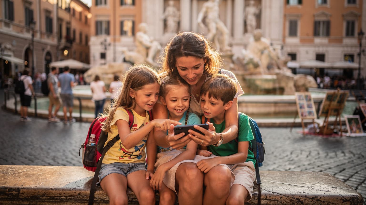 O mamă zâmbitoare, cu doi copii mici lângă ea, consultând un telefon cu ecranul luminat, pe o bancă într-o piață aglomerată din Roma, Italia, cu Fântâna Trevi în fundal.