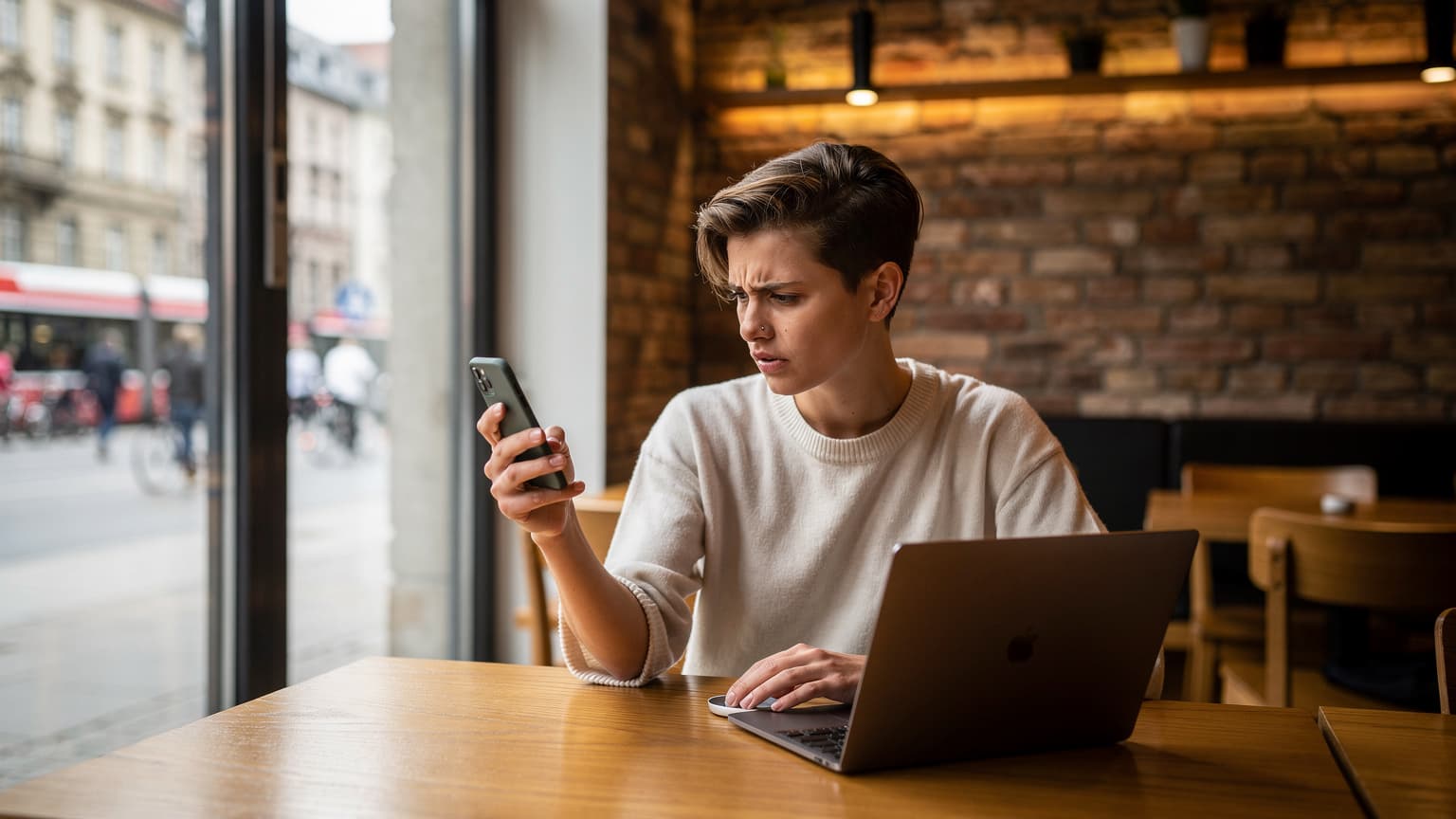 Eine junge Frau in Berlin Mitte sitzt in einem gemütlichen Café mit einem Laptop und einem Smartphone, führt einen Geschwindigkeitstest auf ihrem Handy durch und blickt dabei konzentriert auf den Bildschirm.