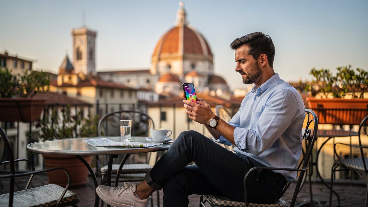Un viajero revisando la velocidad de su eSIM en un smartphone en una terraza con vistas al Duomo en Florencia, Italia, durante la puesta de sol.
