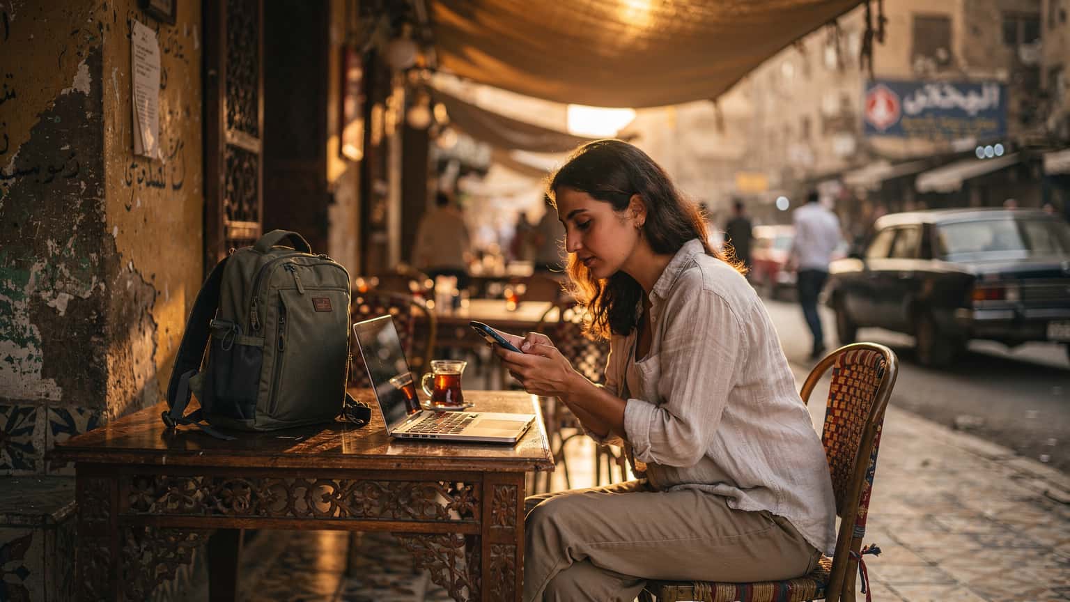 Une femme voyageuse, assise à la terrasse d'un café traditionnel du Caire, regarde son téléphone, une tasse de thé à la menthe et une carte ancienne à côté d'elle.
