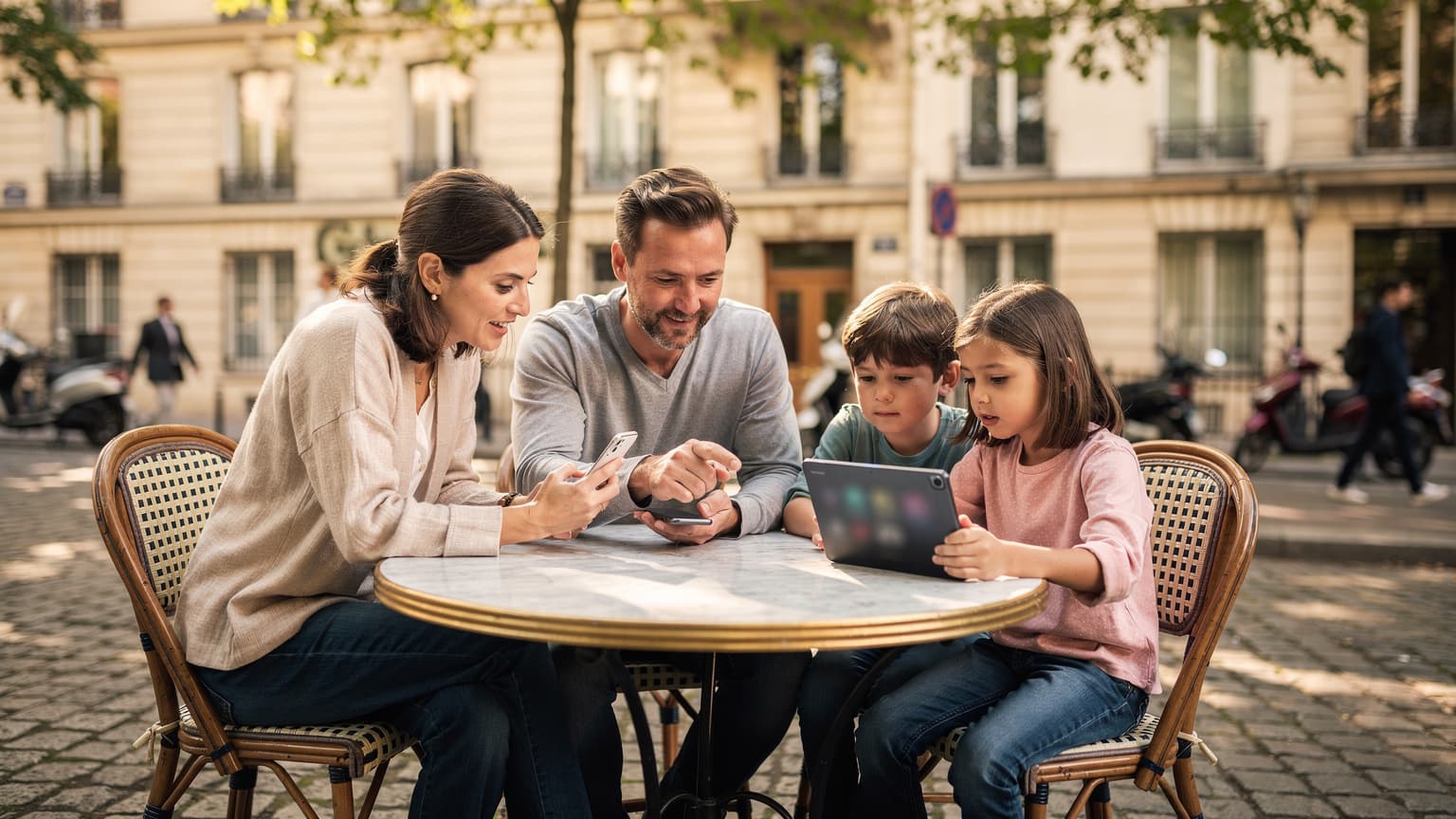 Une famille assise à la terrasse d'un café parisien, les parents consultent leurs téléphones tandis que les enfants sont absorbés par une tablette, symbolisant la connectivité en voyage.