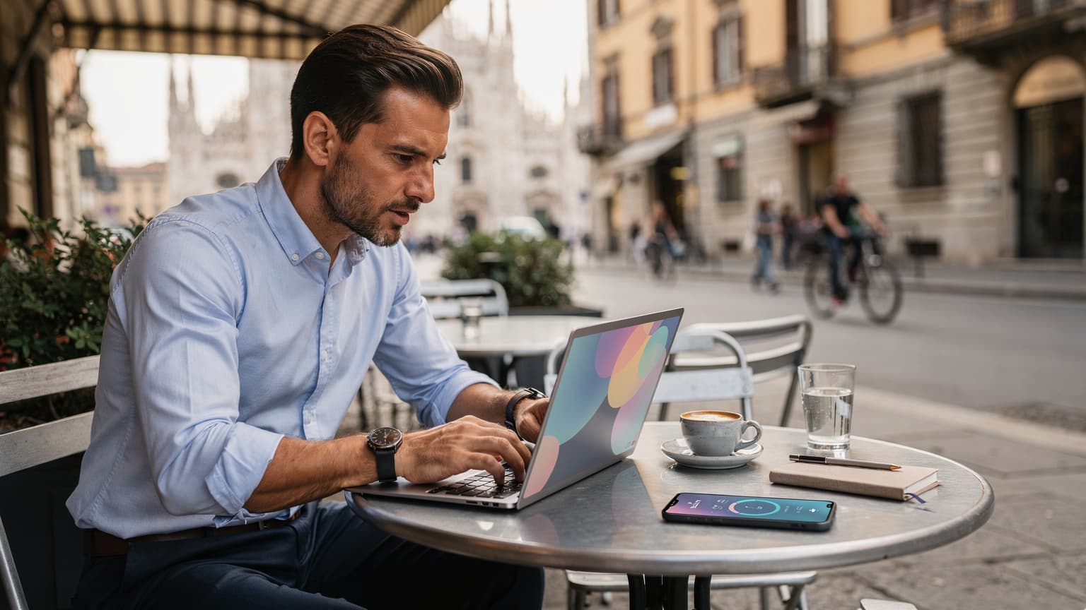 Un uomo con un laptop e uno smartphone sta controllando la copertura della rete 5G su una mappa, seduto al tavolo di un caffè all'aperto a Milano, con il Duomo sullo sfondo.