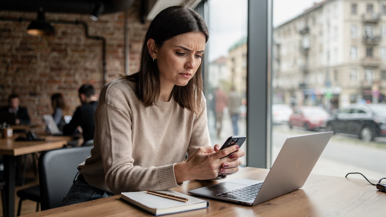 O femeie stă la o masă pe terasa unui co-working space modern din Cluj-Napoca, privind cu atenție telefonul ei, în timp ce un laptop este deschis în fața ei, cu căni de cafea alături.