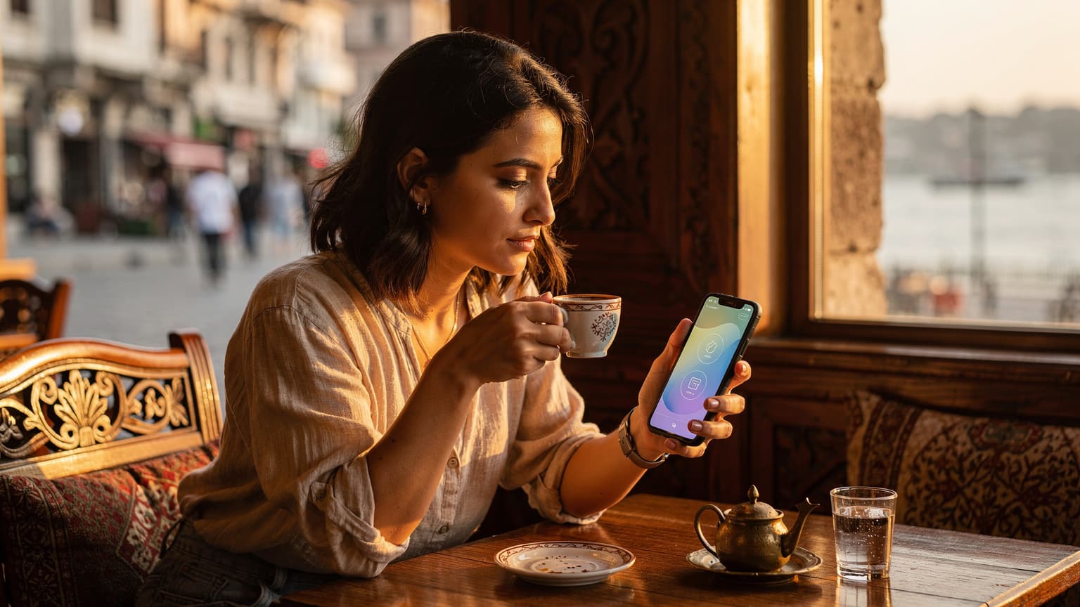İstanbul'da bir kafede, pencereden gelen altın rengi ışıkta kahvesini yudumlarken akıllı telefonunda eSIM kurulum ekranına bakan genç bir kadın.