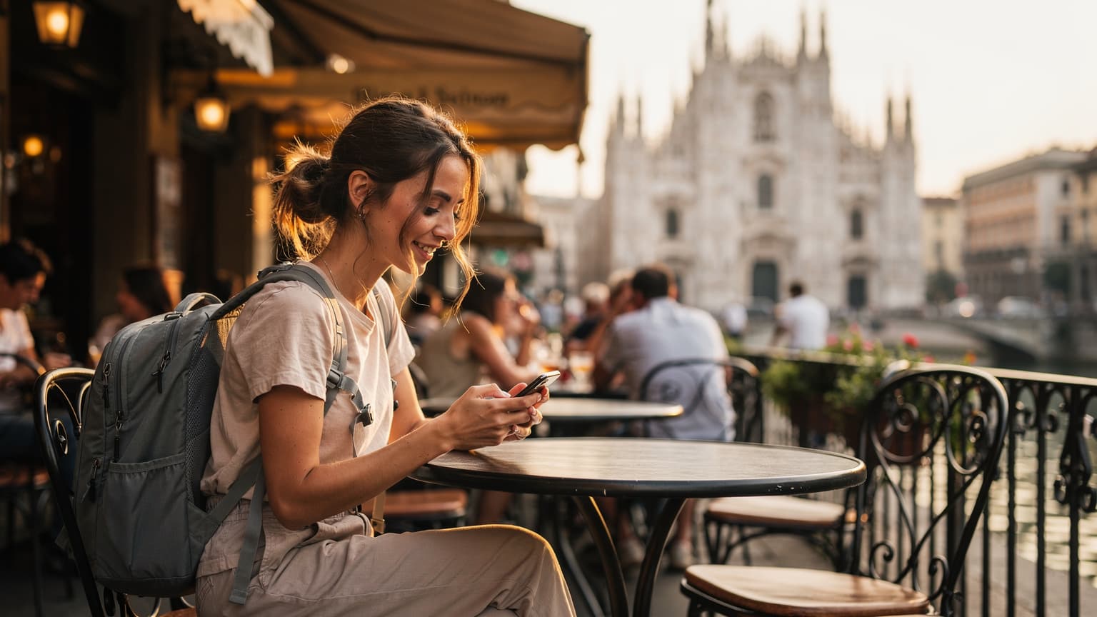 Una giovane donna italiana sorride mentre controlla il suo telefono con una eSIM attiva, seduta a un tavolino di un caffè all'aperto a Milano, con Duomo in sfondo, durante l'ora d'oro.