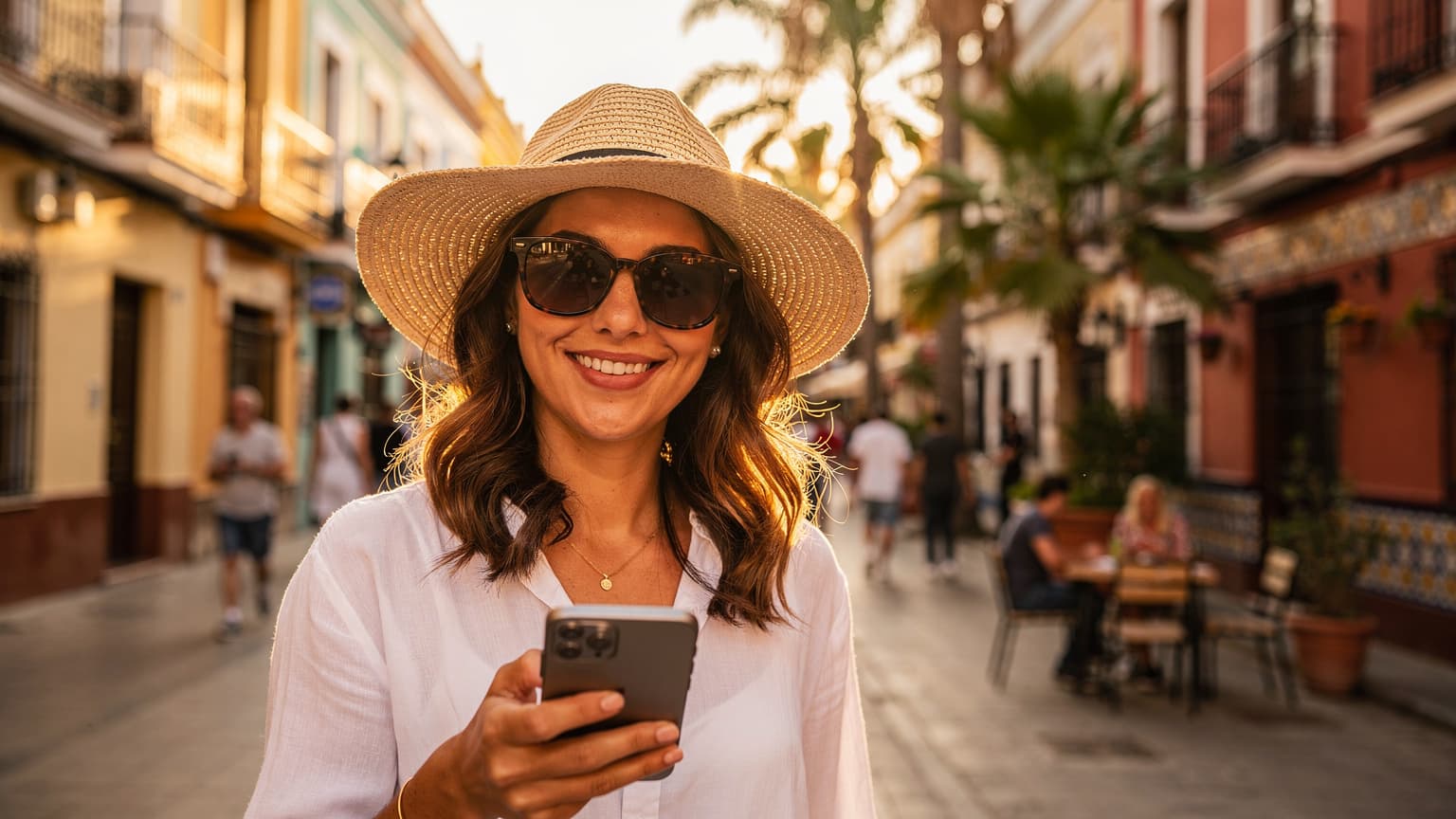En kvinne med solhatt og solbriller smiler mot kameraet mens hun holder en smarttelefon med en lys skjerm, omgitt av palmer og en travel bygate i bakgrunnen i Sevilla under gyllen time.