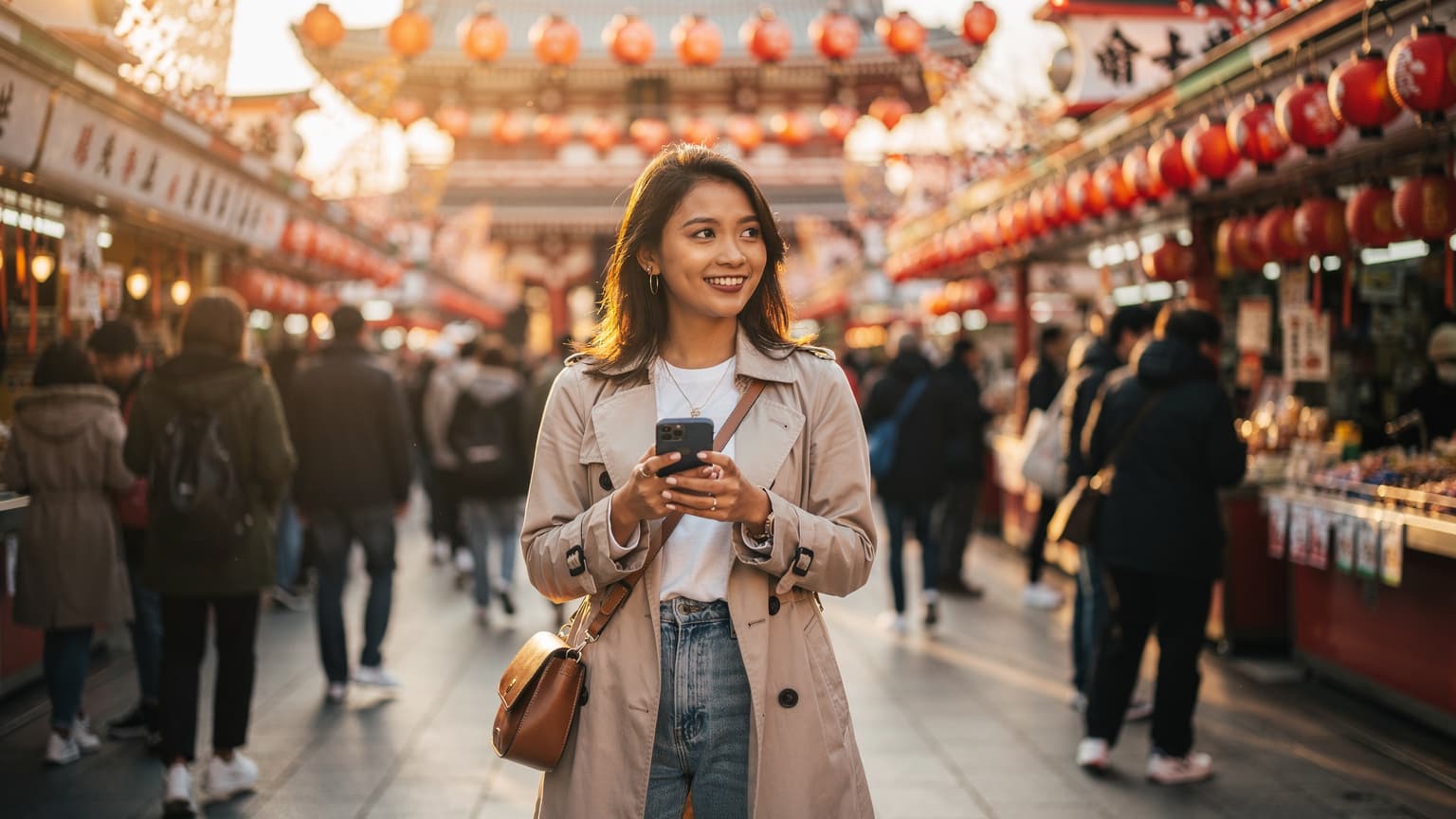 Seorang wanita Indonesia tersenyum sambil memegang ponselnya di depan Kuil Senso-ji, Asakusa, Tokyo, saat perayaan Imlek yang ramai.