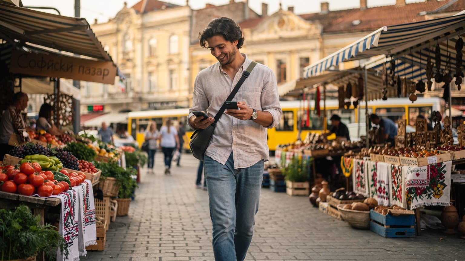 Ένας Έλληνας ταξιδιώτης με ένα smartphone στο χέρι, χαμογελά ενώ περπατά σε μια πολυσύχναστη αγορά στη Σόφια, Βουλγαρία, με παραδοσιακά κτίρια στο παρασκήνιο.