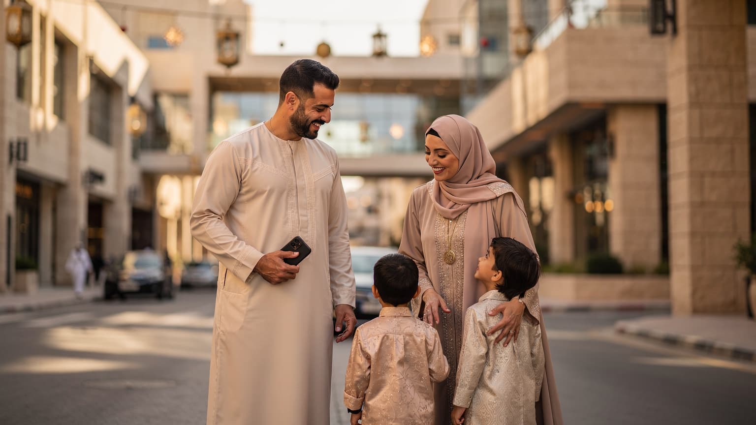 A joyful Egyptian family, including parents and two children, walking on a modern Saudi Arabian street during Eid al-Adha. The father holds a smartphone, suggesting seamless travel connectivity. Modern architecture and subtle festive decorations are visible in the background under warm natural light.