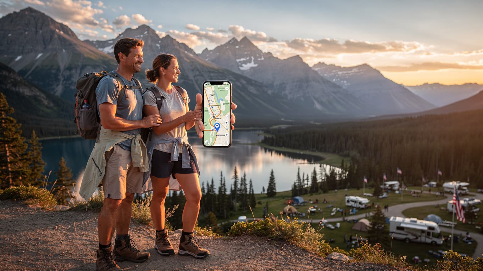 A photorealistic image of a couple on a scenic overlook in a US National Park at sunset, with one person using a smartphone for navigation, symbolizing modern travel and connectivity.
