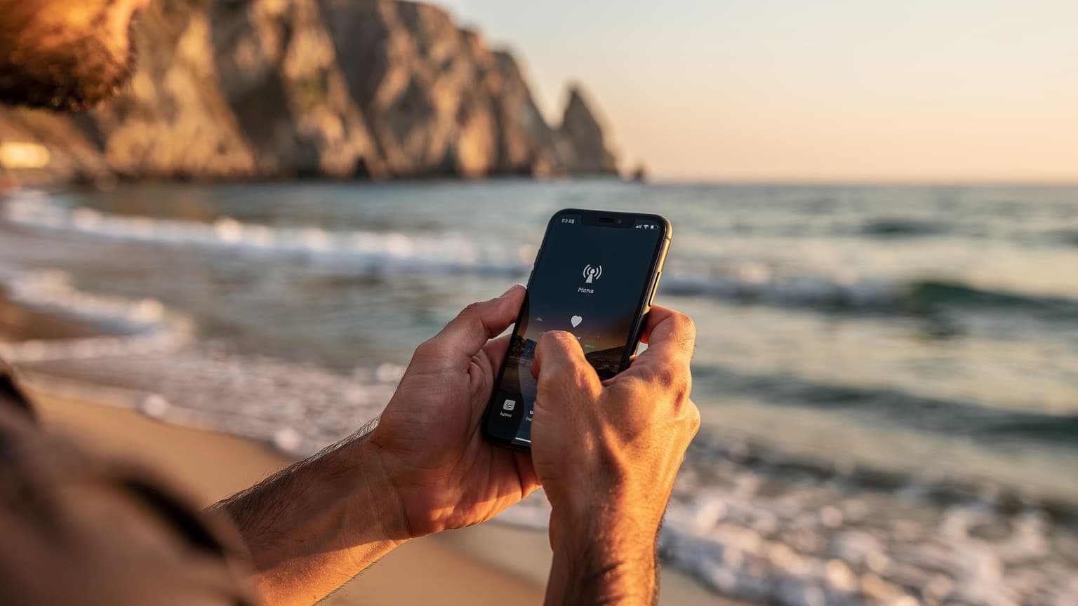 Hands holding a smartphone on a scenic Black Sea coast at golden hour, blending travel and digital connectivity.