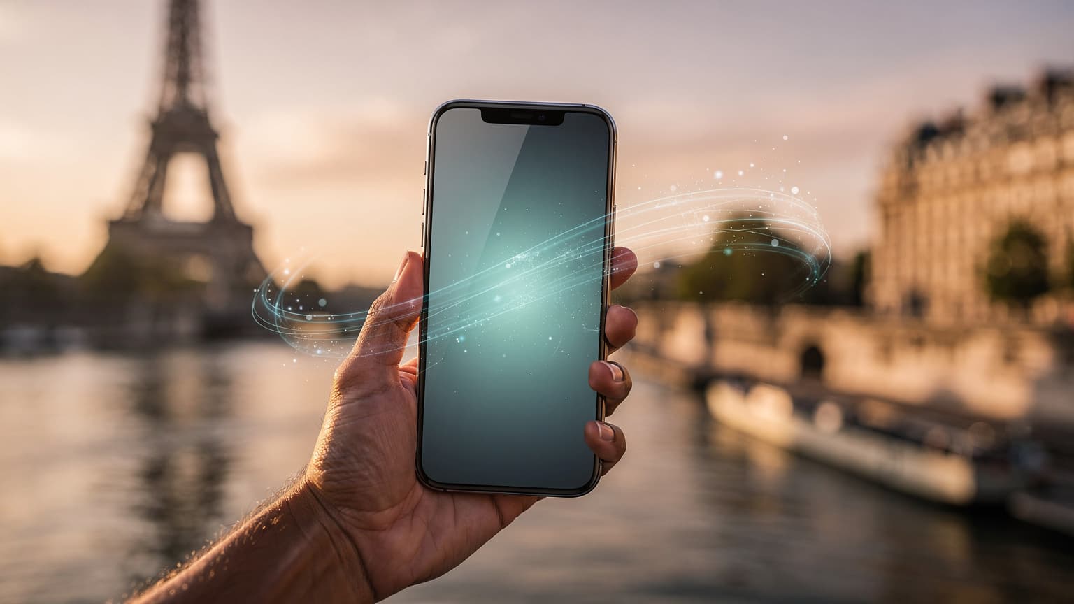 A close-up of a hand holding a modern smartphone with a glowing, abstract digital display, set against a blurred, sun-drenched Parisian cityscape featuring the Eiffel Tower, symbolizing effortless digital connectivity for travel during the Paris 2024 Olympics.