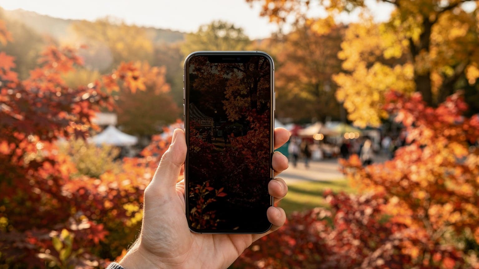 A hand holds a smartphone, its screen reflecting the vibrant red, orange, and gold colors of a North American autumn landscape. In the background, a scenic view of fall foliage with a road winding through trees and a distant, blurred festival scene under natural sunlight.