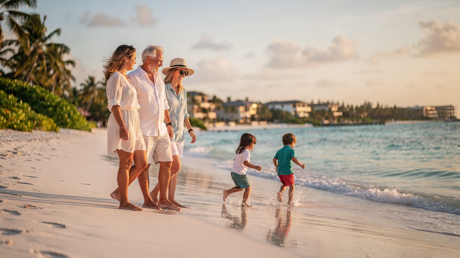 A photorealistic image of a happy family of four, including parents and two children, enjoying a winter sun vacation on a beautiful turquoise beach in Mexico or the Caribbean, with palm trees under warm natural sunlight.