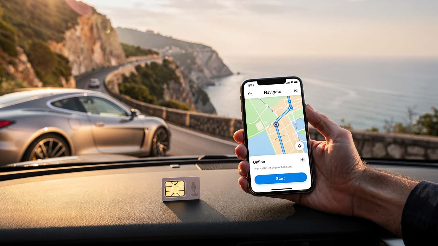 A modern car parked on a scenic European coastal road at sunset, with a hand holding a smartphone displaying a navigation app, symbolizing seamless car rental and digital connectivity for travel.