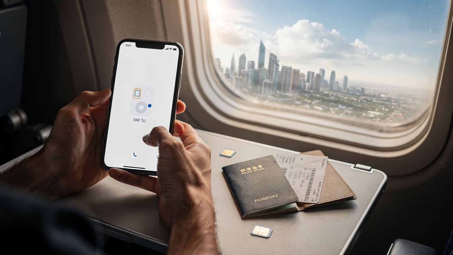 A traveler's hands holding an iPhone displaying an eSIM activation screen, set on an airplane tray table with a physical SIM card, passport, and boarding pass, against a backdrop of a foreign city skyline through the window.