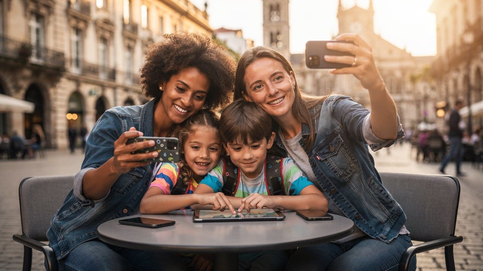 A family of four, including two children, sitting at a modern outdoor cafe table in a European city, happily using their smartphones and a tablet to navigate and capture memories. The image conveys effortless global connectivity and family-friendly travel enabled by digital technology like eSIM.