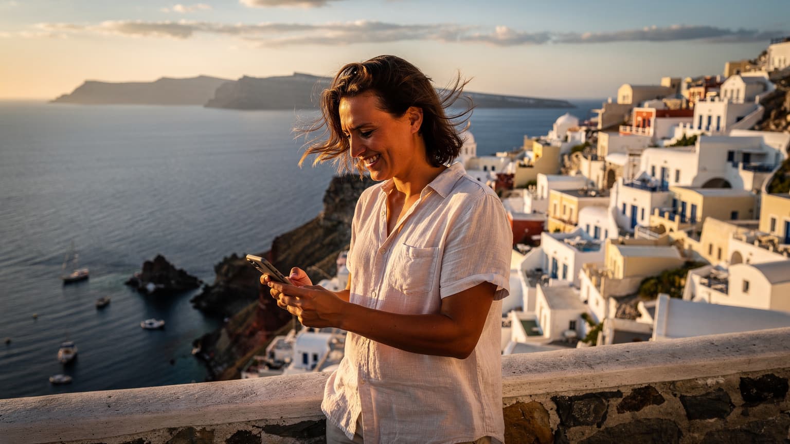 A person on a Greek island overlooking the Aegean Sea, holding a smartphone, conveying travel and connectivity.