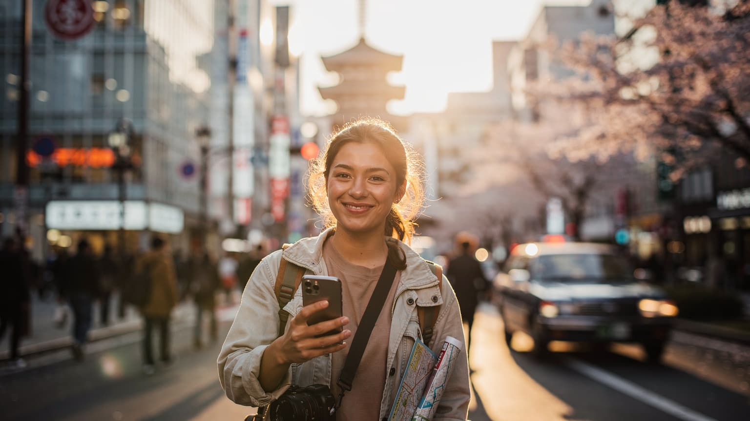 A photorealistic, cinematic image showing a diverse young adult traveler smiling subtly while using a sleek smartphone on a bustling, modern Japanese street at golden hour, conveying seamless digital connectivity for international travel. Iconic Japanese urban architecture is blurred in the background.