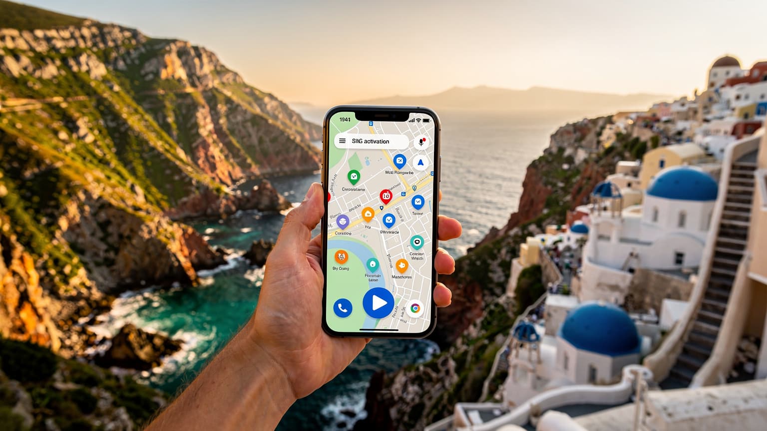 A hero image for a travel and tech magazine, showing a hand holding a smartphone with an eSIM interface, set against a blended backdrop of Corsica's rugged coast and the Cyclades' white villages, symbolizing summer travel connectivity.