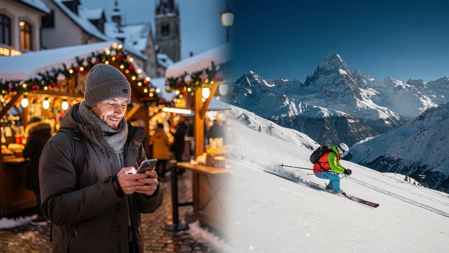 Hero image depicting a seamless blend of a festive European Christmas market and majestic Andean ski slopes, with a modern traveler subtly using a smartphone, symbolizing global connectivity.