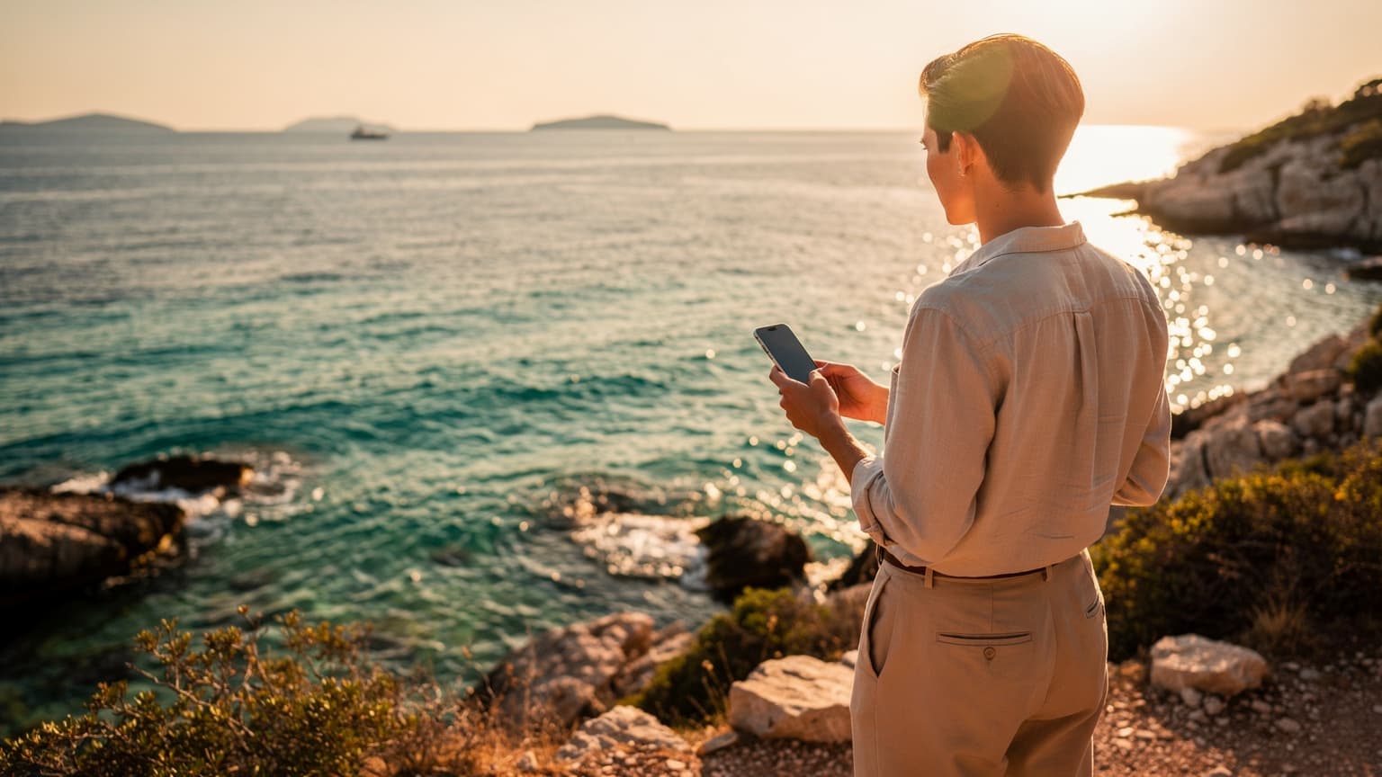 A wide shot of a person on a picturesque Croatian beach at sunset, looking out at the Adriatic Sea while holding a smartphone, conveying a relaxing and connected summer holiday.