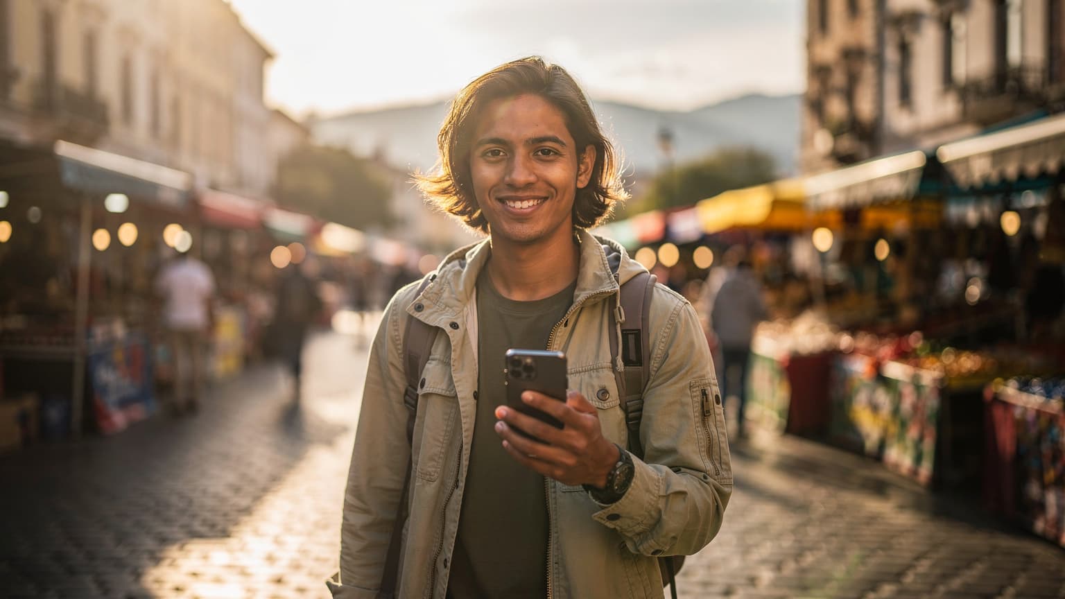 A person smiling while looking at their smartphone in a beautiful, sunlit foreign travel destination, representing effortless global data connectivity and the joy of international travel.