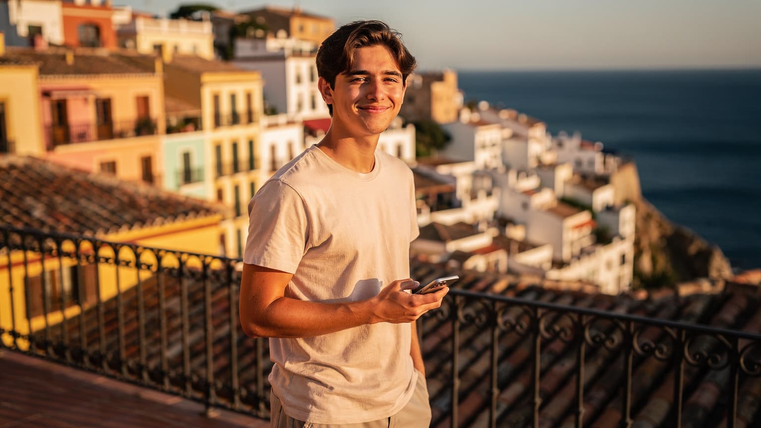 A relaxed traveler holding a smartphone on a balcony overlooking a scenic Spanish view, conveying effortless summer vacation connectivity.