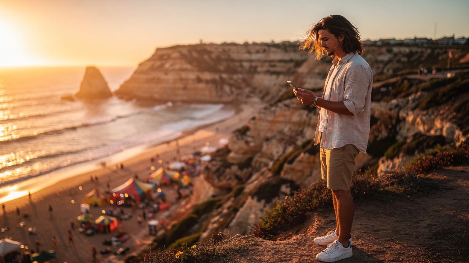 An editorial hero image of a young person holding a modern smartphone on a cliff overlooking the Costa Alentejana, Portugal, at sunset, with a festival in the distance, symbolizing summer travel and 5G tech.