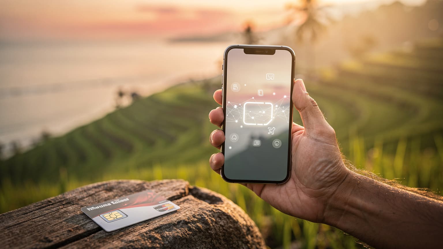 A hand holding a smartphone with an Indonesian landscape in the background, contrasting with a generic physical SIM card in the foreground, representing digital versus traditional tourist connectivity.