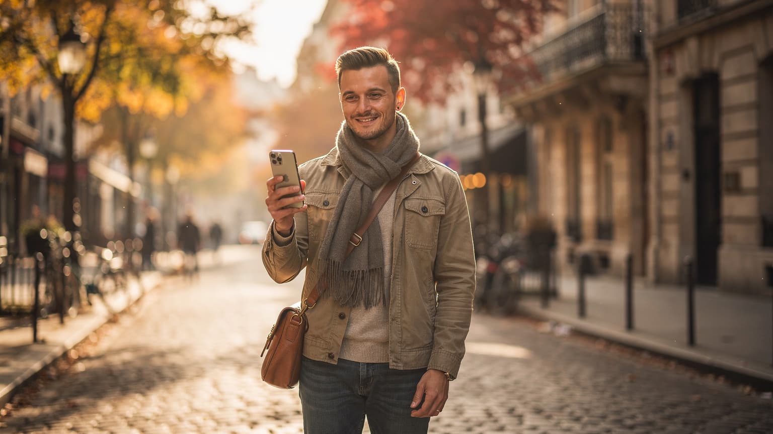 A serene traveler in an autumnal European city setting, casually looking at their smartphone, with historic buildings and warm-colored trees in the background under natural light. The image conveys effortless and stress-free international travel.
