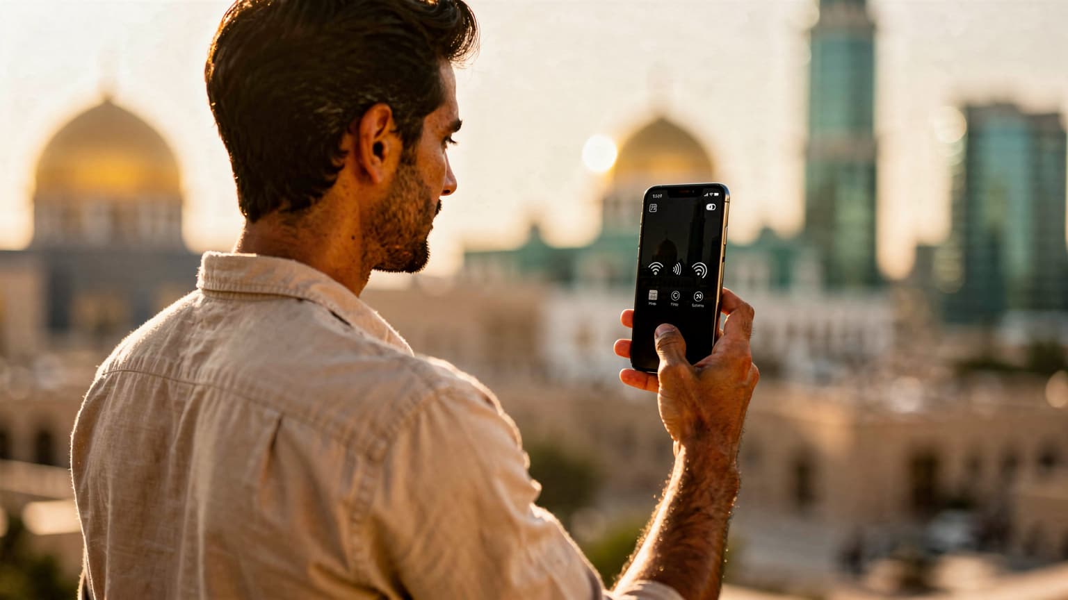 A traveler holds a smartphone with a strong signal against a blurred, sun-drenched Middle Eastern backdrop, symbolizing modern travel connectivity.