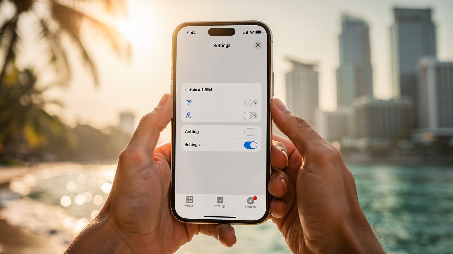 A close-up, photorealistic image of an iPhone 15 held by hands, with a blurred, sun-drenched Indonesian tropical beach or city skyline in the background. The phone's screen is subtly lit, suggesting interaction or activation. The scene is bathed in natural, golden hour light, conveying modern travel and technology.