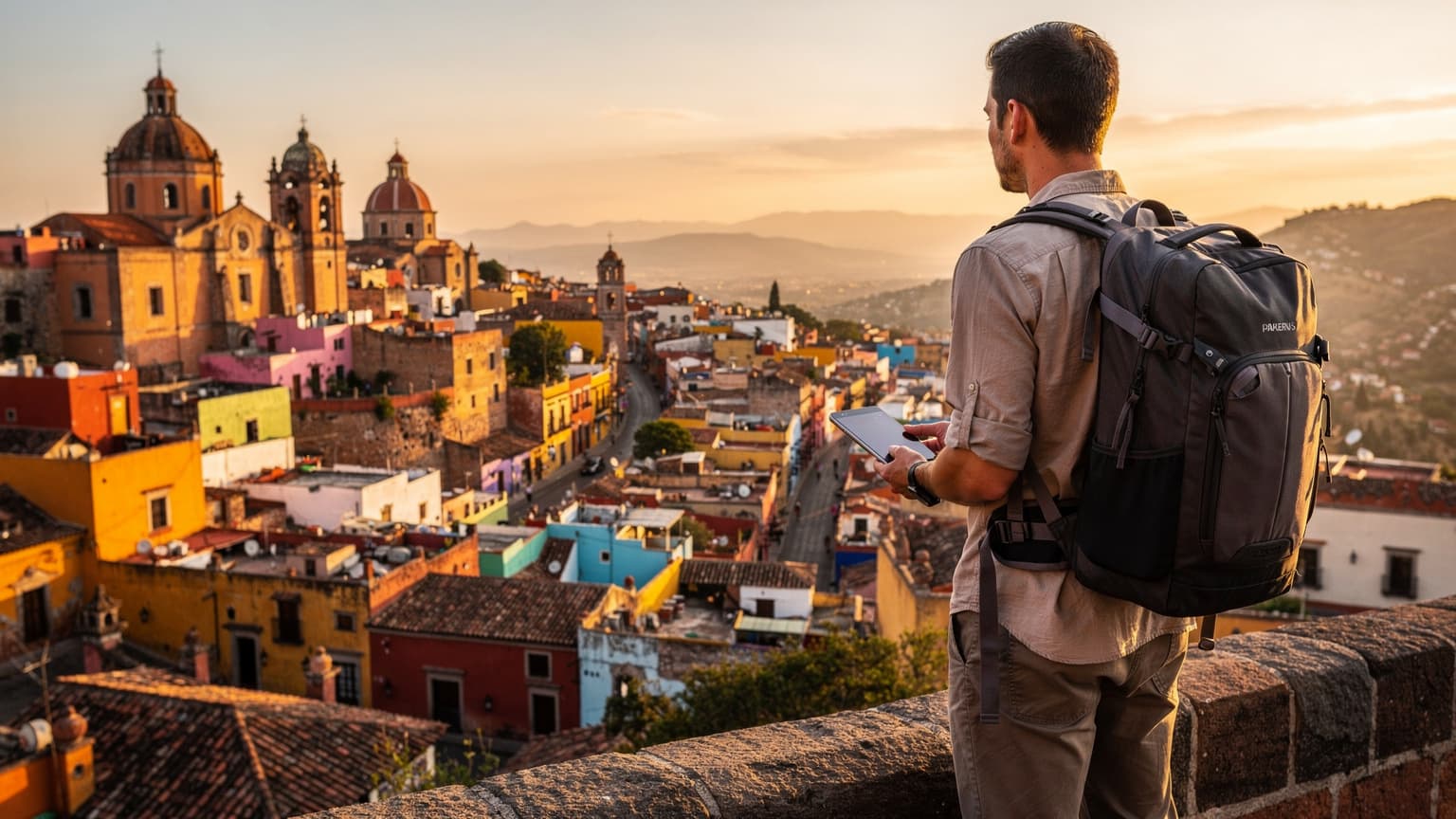 A photorealistic, cinematic hero image for a travel magazine, featuring a modern traveler with a backpack overlooking a vibrant, colorful Mexican colonial city at golden hour, symbolizing long-term, safe travel.