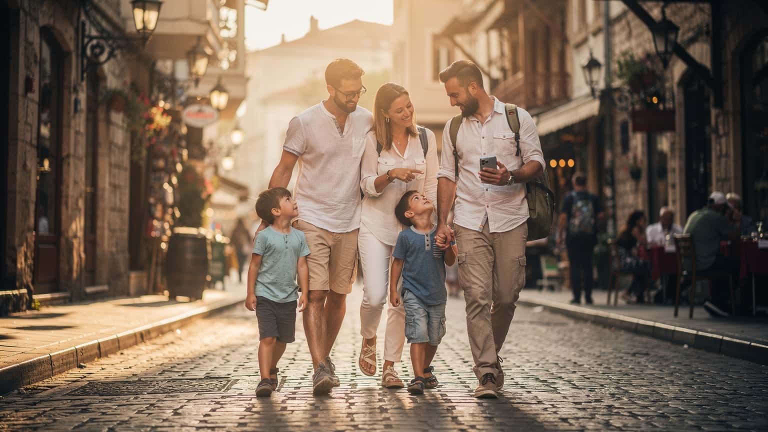 A family of four exploring a vibrant, historic street in a Turkish city during golden hour. The parents are with their two children, and one parent is subtly using a smartphone, blending travel with modern connectivity.