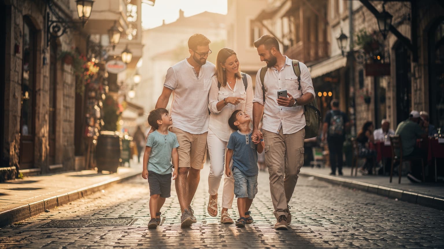 A family of four exploring a vibrant, historic street in a Turkish city during golden hour. The parents are with their two children, and one parent is subtly using a smartphone, blending travel with modern connectivity.