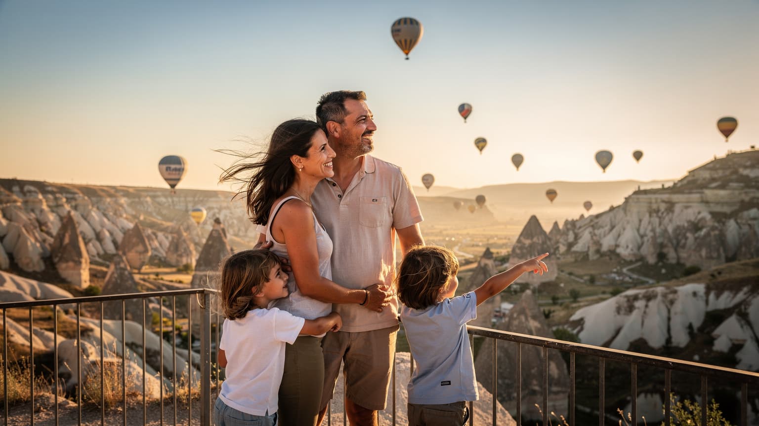 A family of four, including two young children, stands on a scenic overlook in Cappadocia, Turkey, watching numerous hot air balloons ascend over unique rock formations at sunrise. The children are pointing, and the parents are smiling, all looking at the panoramic view.