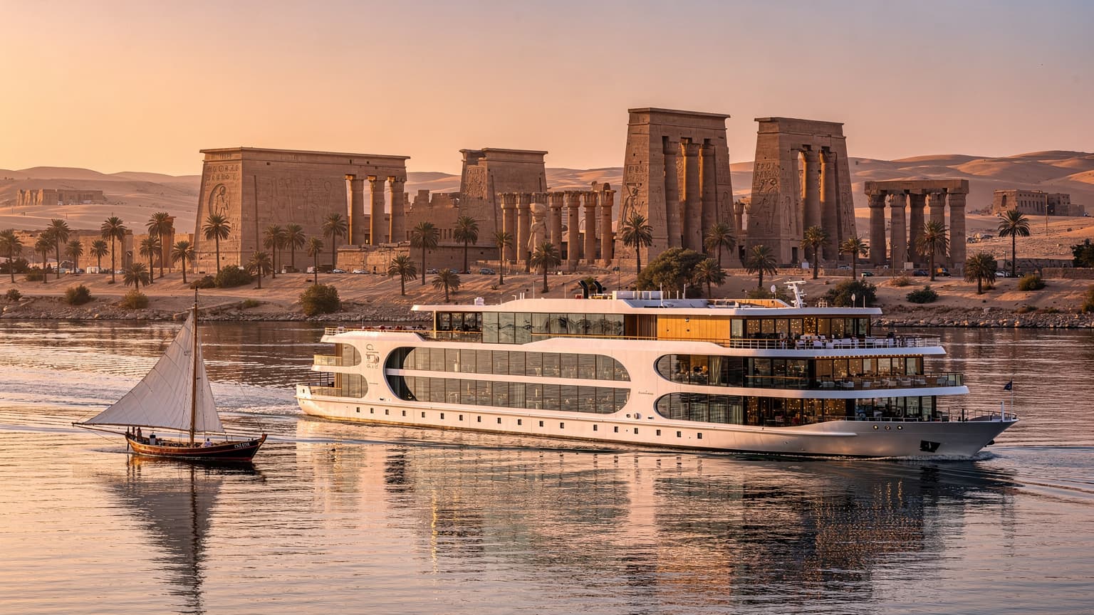 A wide, cinematic shot of a modern cruise ship or traditional felucca sailing on the calm Nile River at sunset in Egypt, with ancient temples in the background bathed in golden light. The scene evokes peaceful travel and historical grandeur.