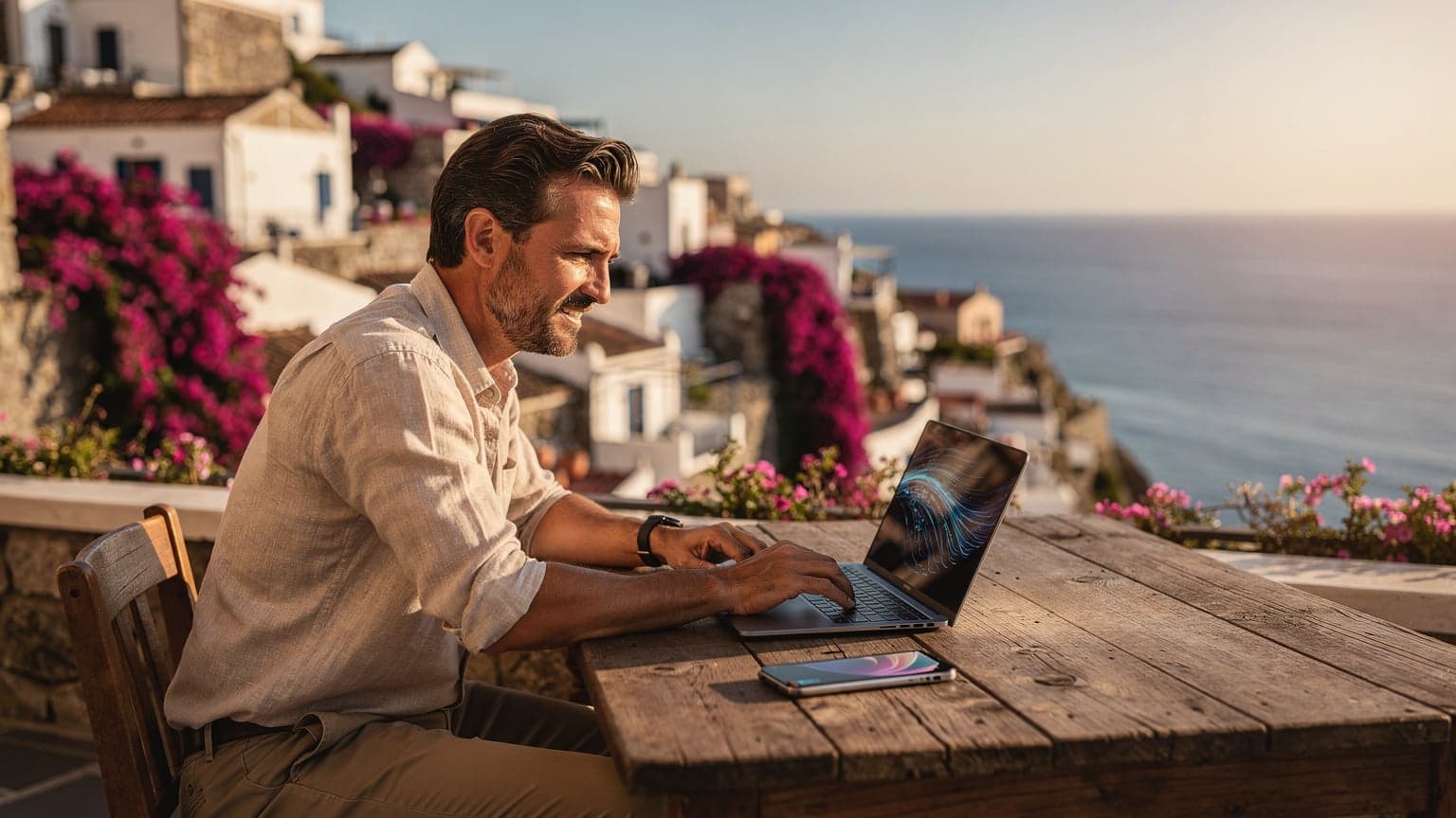A man working on a laptop on a beautiful sun-drenched terrace overlooking the Mediterranean sea in Southern Italy, blending remote work with a vacation setting.