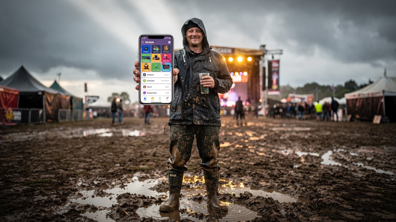A person at a muddy Wacken Open Air festival uses a smartphone showing full signal and a festival guide, symbolizing reliable eSIM connectivity.