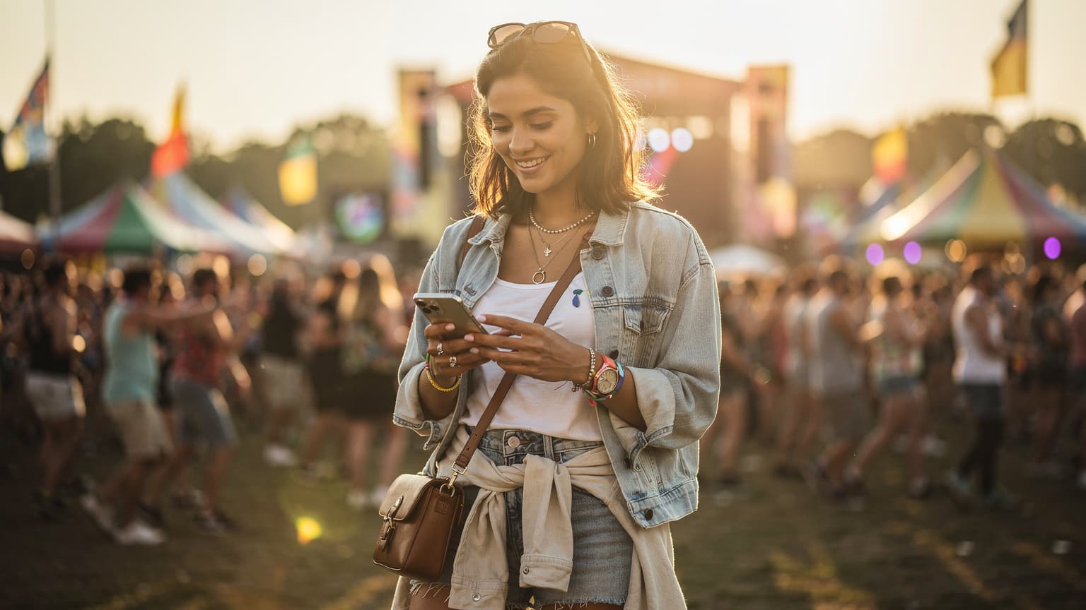 A cinematic, photorealistic image of a young adult at a vibrant European music festival during golden hour, subtly interacting with a smartphone, with blurred festival-goers and colorful tents in the background, conveying seamless connectivity and modern travel.