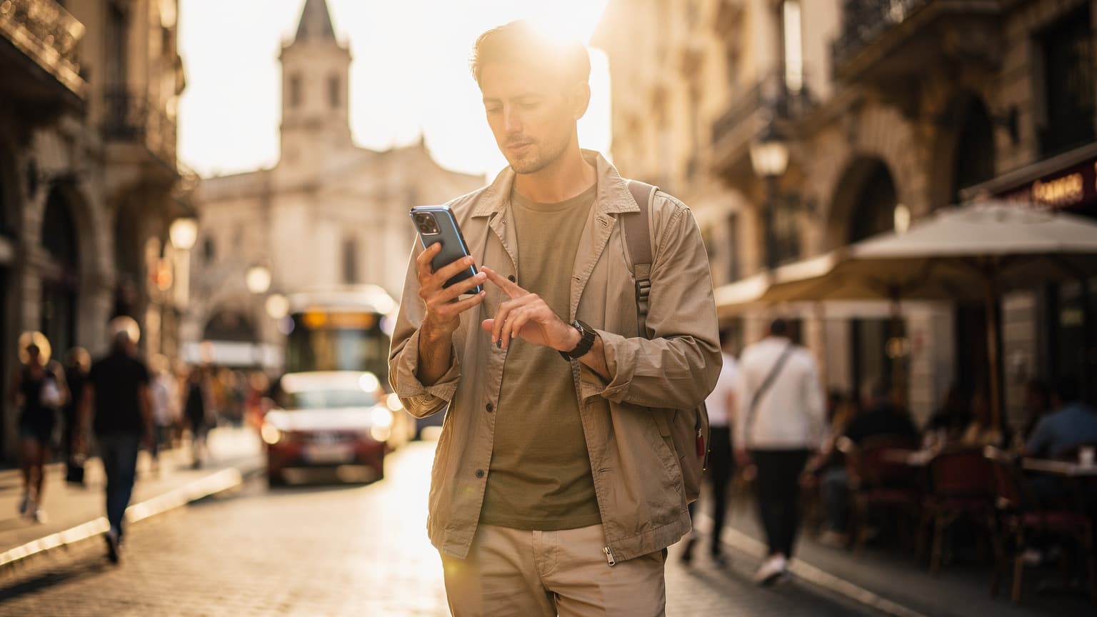 A stylish young person, standing on a sunlit street in a European city, holds a sleek, unbranded smartphone. They are looking at the screen, seemingly managing an eSIM setup for international travel. In the blurred background, iconic architecture and street life suggest a vibrant foreign destination. The scene is bathed in warm, natural light.