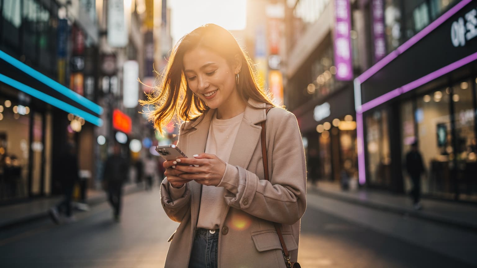 A young woman uses a smartphone on a bustling Seoul street at golden hour, representing modern travel and seamless connectivity.