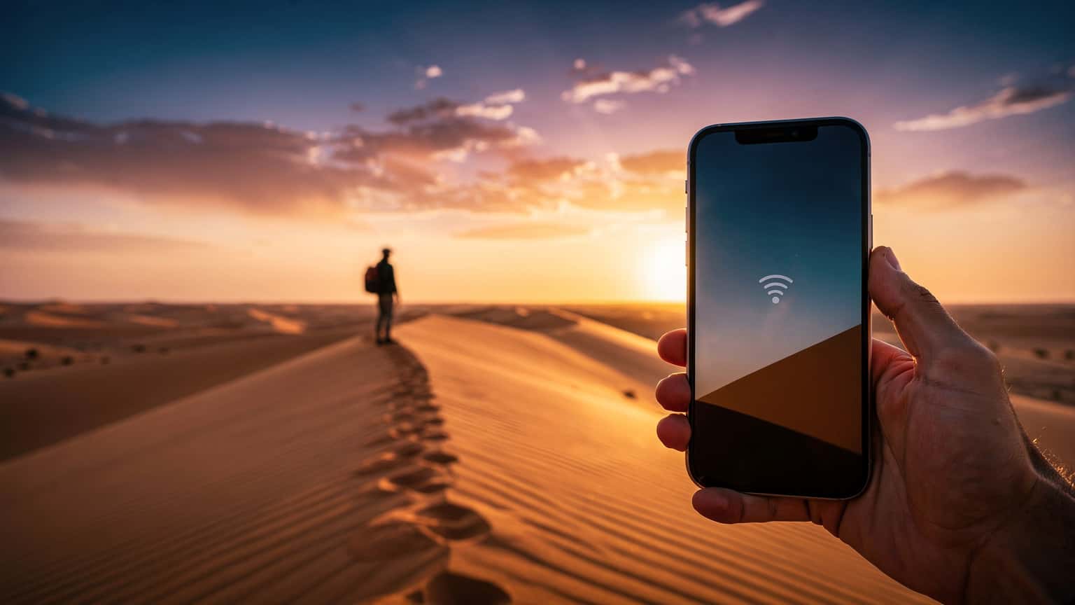 A traveler holds a smartphone overlooking the vast Sahara Desert in Algeria at sunset, symbolizing global connectivity and freedom from roaming fees.