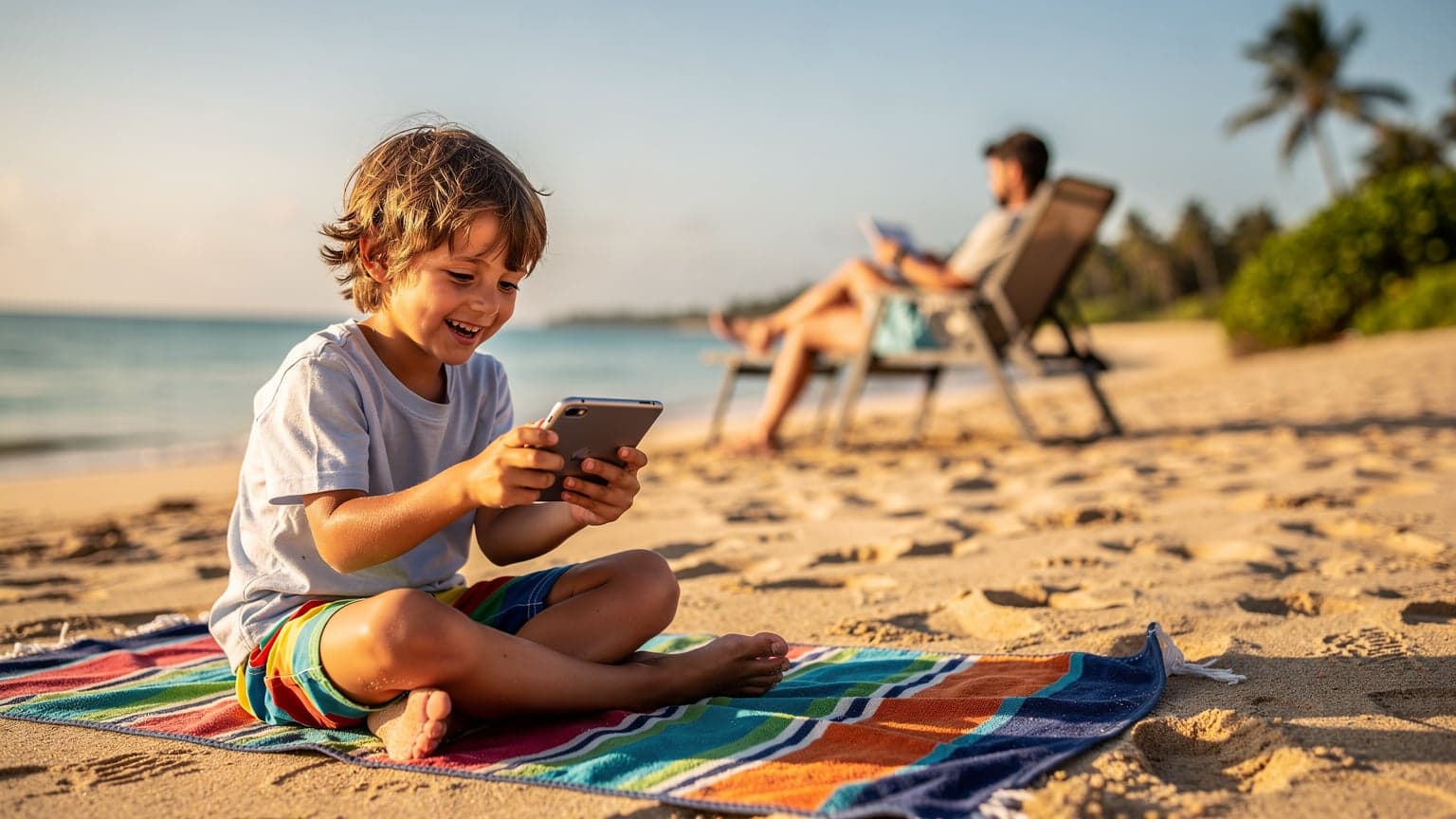 A child happily using a smartphone on a sunny beach during a summer holiday, with a relaxed parent in the background, depicting family travel with digital connection.